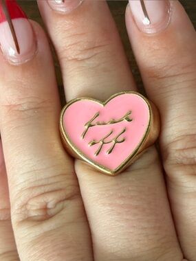 Gold-Tone Pink Heart Signet Ring Size 8